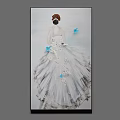 Elegant Oil Painting of Woman's Back View in White Dress with Blue Butterflies and Updo