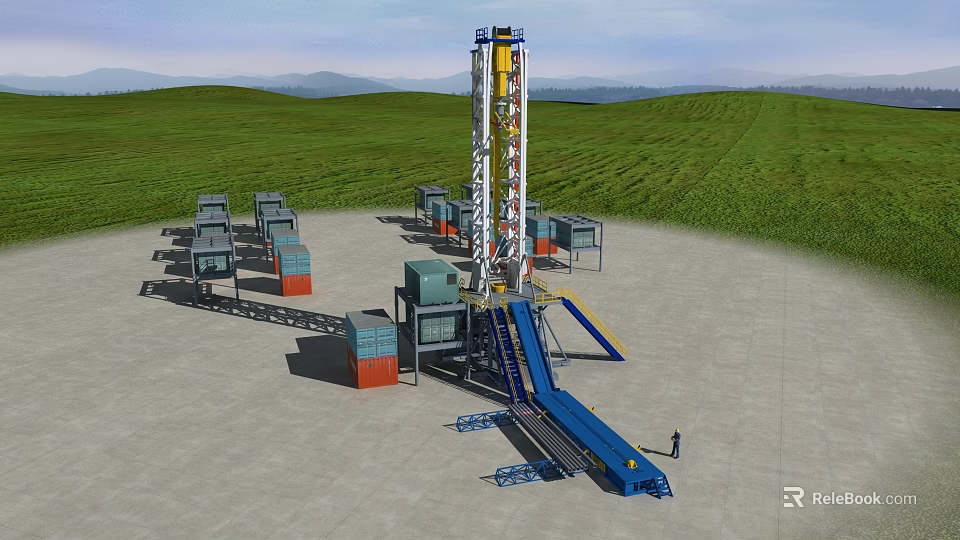 Large Industrial Drilling Equipment with Tall Tower Pipes and Workers in Green Field 3d model 