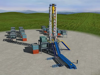 Large Industrial Drilling Equipment with Tall Tower Pipes and Workers in Green Field 3d model