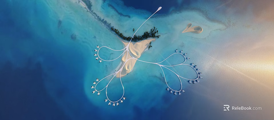 Tropical Island Scenery With Blue Seawater White Architectural Structures Sandy Beach And Green Vegetation 3d model 