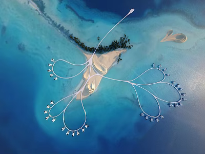 Tropical Island Scenery With Blue Seawater White Architectural Structures Sandy Beach And Green Vegetation 3d model