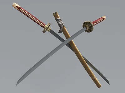 Traditional Japanese Swords Crossed With Red Gold Decorations And Wooden Scabbard 3d model