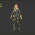 Game Character In Blue Purple Hooded Coat With Weapon Belt Standing Against Gray Background