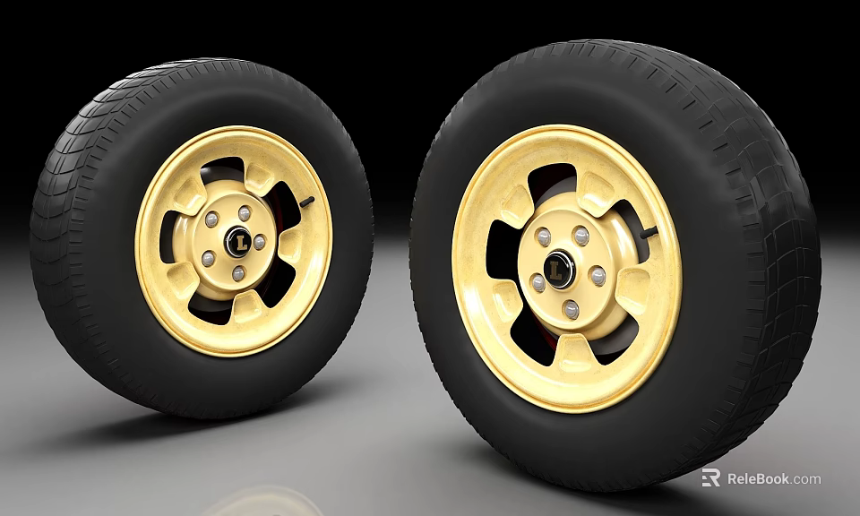 Stylish Black Car Tires With Golden Alloy Rims And Modern Design 3d model 
