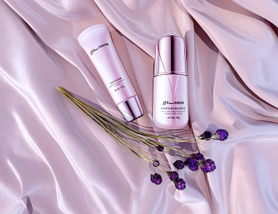 Elegant Perfume And Skincare Products On Pink Silk With Lavender Flowers 3d model