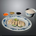 Sliced Chicken Served On Blue And White Plate With Small Condiment Bowls And Rice Bowl