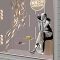 Elegant Shop Window Display Featuring Golden Wavy Decorations Hat Wearing Mannequin And New Products Sign