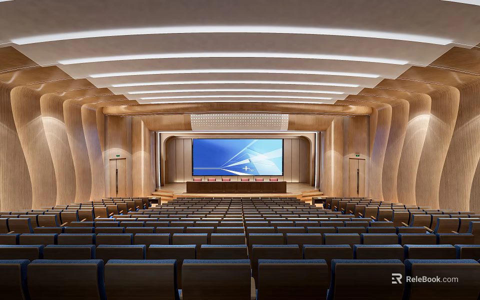 Large Conference Room With Seating Rows Front Projection Screen Wooden Decor and Ceiling Light Strips 3d model 
