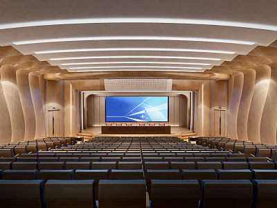 Large Conference Room With Seating Rows Front Projection Screen Wooden Decor and Ceiling Light Strips 3d model