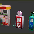 Vintage Gas Pumps In Red White Blue Green With Top Logos