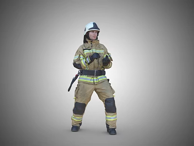 A Man in Firefighter Uniform Wearing Helmet with Protective Gear Standing 3d model