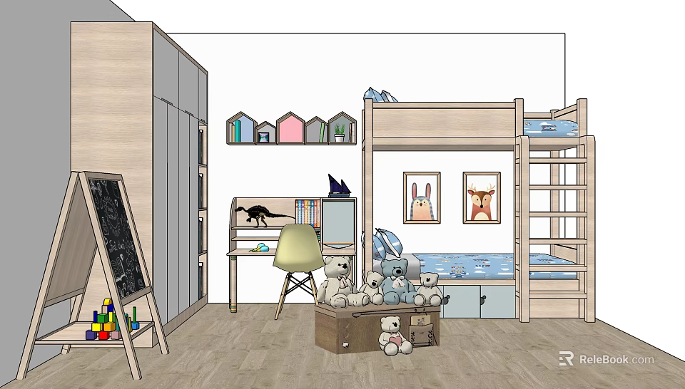 Kids Room Bunk Bed Setup With Stuffed Bears Desk Chair And Wall Art 3d model 