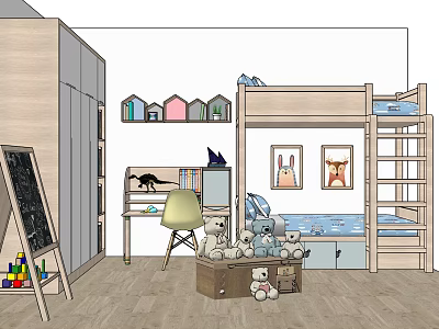 Kids Room Bunk Bed Setup With Stuffed Bears Desk Chair And Wall Art 3d model