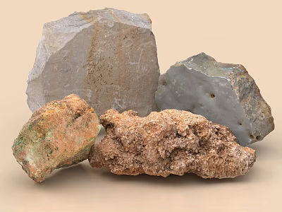 Natural Stone and Wood Pieces Displaying Various Textures and Earthy Colors 3d model