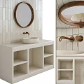 Minimalist Bathroom Vanity With Stone Countertop Round Wooden Frame Mirror And Faucet Storage Compartments