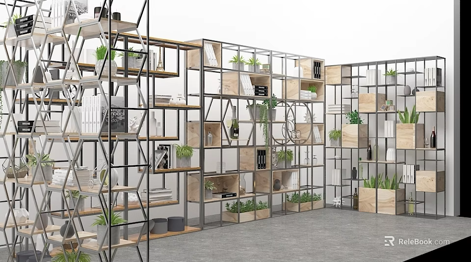 Modern Open Bookcase with Multi-tiered Wooden Shelves Glass Panels Metal Frame and Green Plants 3d model 