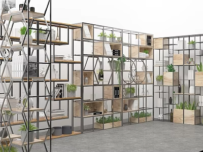 Modern Open Bookcase with Multi-tiered Wooden Shelves Glass Panels Metal Frame and Green Plants 3d model