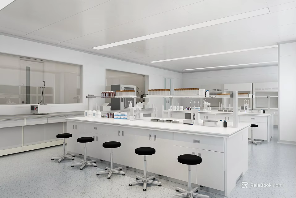 Laboratory Interior Featuring White Lab Benches Black Stools Cabinets And Shelved Equipment 3d model 