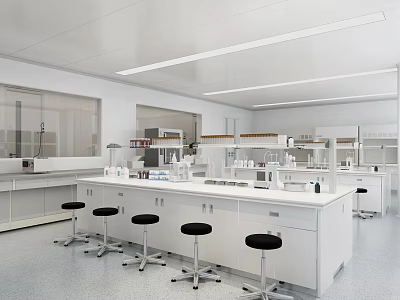 Laboratory Interior Featuring White Lab Benches Black Stools Cabinets And Shelved Equipment 3d model