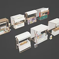 Various Modern Market Stalls With White Canopies And Product Displays