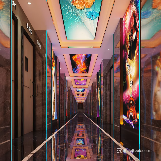 Elevator Hallway Interior With Colorful Ceiling Art And Vibrant Wall Murals 3d model
