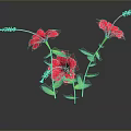 Pink Hibiscus Flowers With Green Stems And Leaves Against Dark Background With Reflections