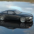 Sleek Black Sports Car Parked On Shiny Water Surface With Sky Reflection