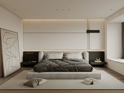 Modern Minimalist Bedroom Interior With White Walls Gray Bedding Wooden Flooring And Abstract Painting 3d model
