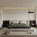 Modern Minimalist Bedroom Interior With White Walls Gray Bedding Wooden Flooring And Abstract Painting