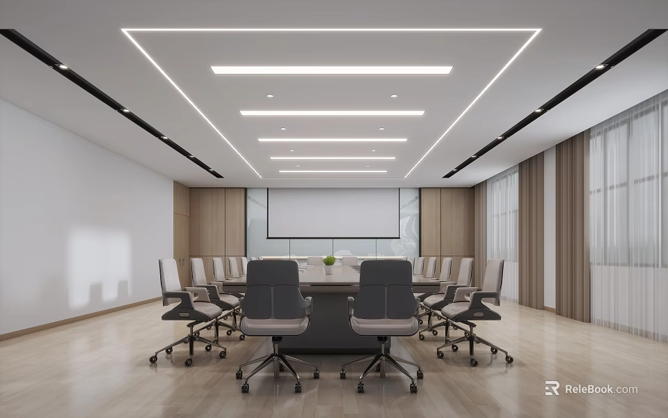 Modern Conference Room Interior With Long Table Gray Chairs Ceiling Light Strips And Projection Screen 3d model 