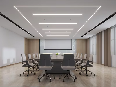 Modern Conference Room Interior With Long Table Gray Chairs Ceiling Light Strips And Projection Screen 3d model