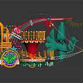 Colorful Parade Float With Orange Horns Red Green Structures And Playful Animal Creatures