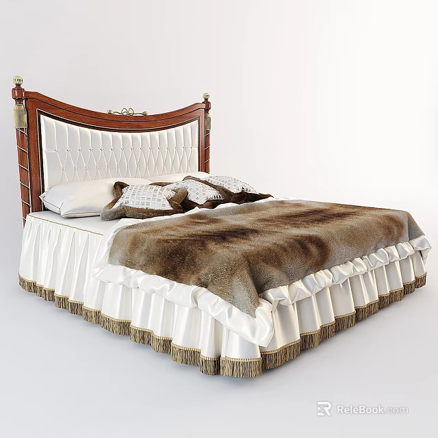 Elegant Classic Bed With Wooden Headboard White Tufted Upholstery And Fur Blanket 3d model 