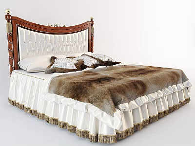 Elegant Classic Bed With Wooden Headboard White Tufted Upholstery And Fur Blanket 3d model