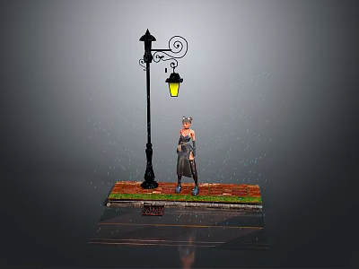 Decorative Street Lamp With Yellow Light And Standing Figure On Grass Base With Raindrops 3d model