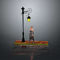 Decorative Street Lamp With Yellow Light And Standing Figure On Grass Base With Raindrops