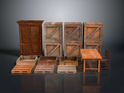 Old Vintage Wooden Furniture Collection With Cabinet Crates Table And Chair 3d model