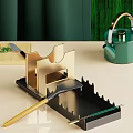 Elegant Golden Knife Holder with Black Tray and Green Teapot Kitchen Tools