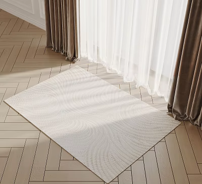 White Wavy Patterned Rug On Wooden Floor With Side Curtains Design 3d model