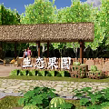 Lush Garden Landscape With Thatched Roof Pavilion Vegetable Beds And Watermelon Plants