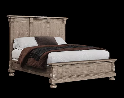 Vintage Wooden Double Bed With Carved Headboard White Sheets Dark Pillow And Blanket 3d model