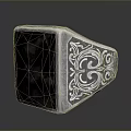 Elegant Silver Ring With Intricate Engraved Patterns And Black Square Stone 3d model