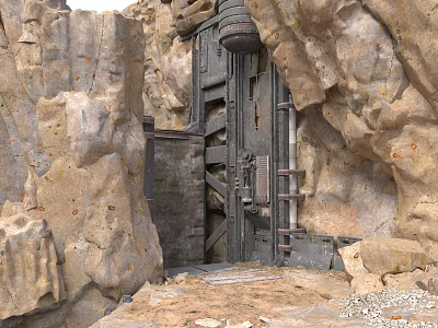 Rock Enclosed Metal Door With Industrial Mechanical Frames And Rustic Details 3d model