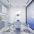 Modern Dental Clinic Interior With Treatment Chair Blue Stools Gray Cabinets And Wall Posters