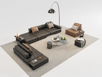 Modern Black Leather Sectional Sofa And Round Glass Coffee Table With Brown Pillows Floor Lamp 3d model