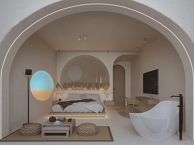 Elegant Modern Hotel Room Interior With Arched Design Circular Decor Large Bed And Bathtub 3d model