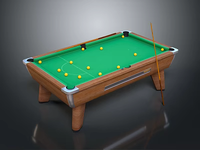 Wooden Billiard Table With Green Felt Surface Yellow Balls And Cue Stick 3d model
