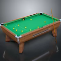 Wooden Billiard Table With Green Felt Surface Yellow Balls And Cue Stick