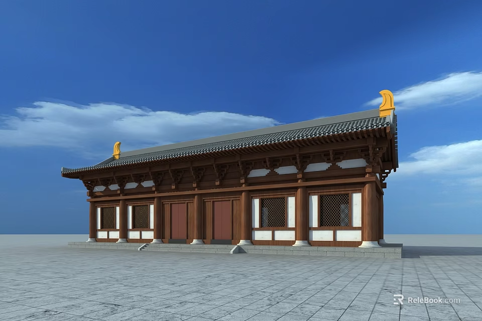Ancient Architecture With Traditional Roof Yellow Ornaments Wooden Structure White Walls And Wooden Doors 3d model 