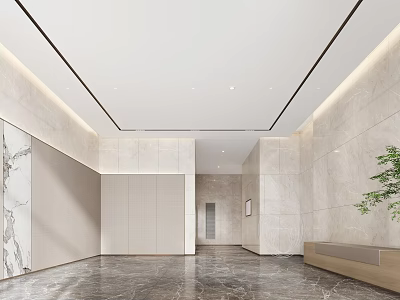 Modern Reception Desk Interior With Minimalist Design Marble Walls Flooring And Plants 3d model